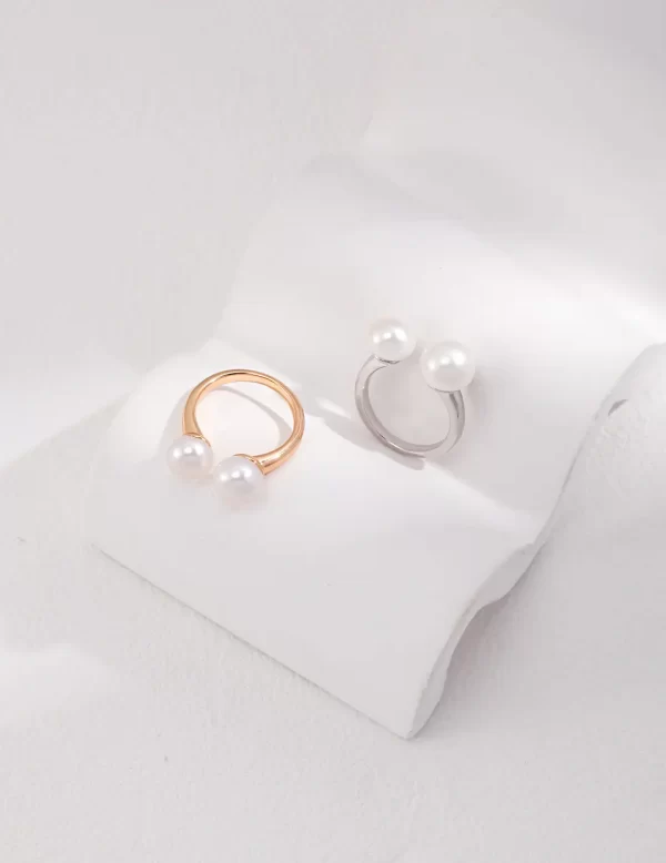 Fashionable S925 silver open ring with two natural pearls